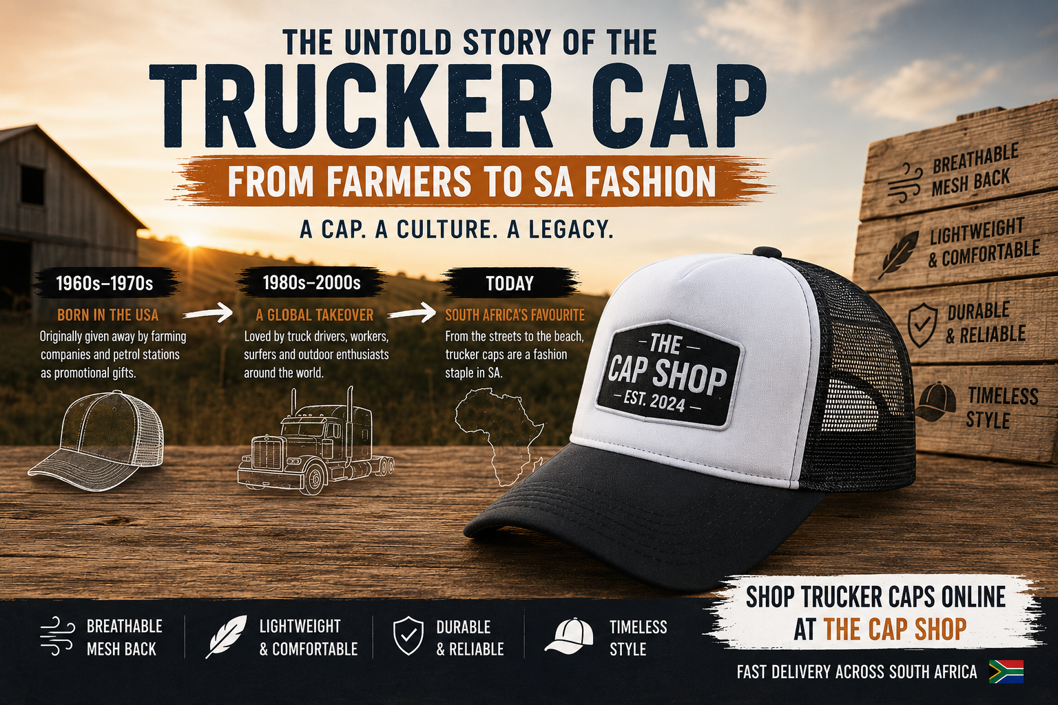 The history of the trucker cap from farming origins to modern South African fashion.